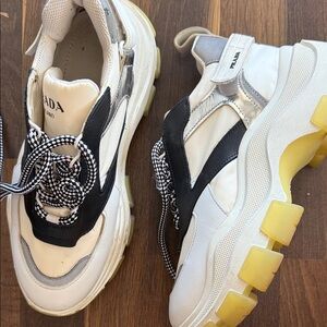 Prada Women's White and Black Sneakers with Yellow Soles